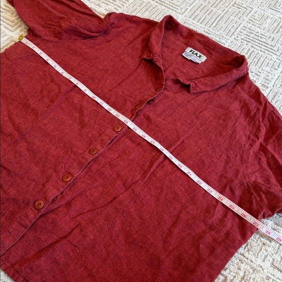 Flax Linen Red Button Down 3/4 Sleeve Collared Lagenlook Shirt - Picture 4 of 5